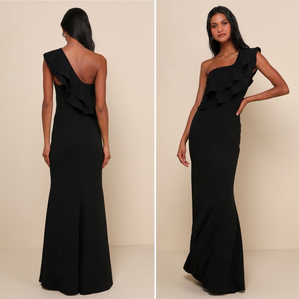 Lulus Grand Beauty Black Ruffled One-shoulder Mermaid Maxi Dress Small